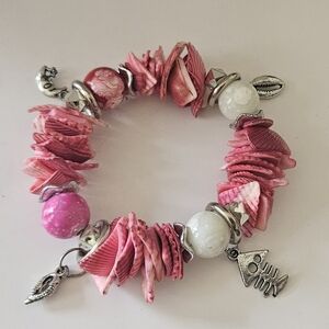 pink shell bead silver tone charm stretch bracelet fun beach boho bracelet